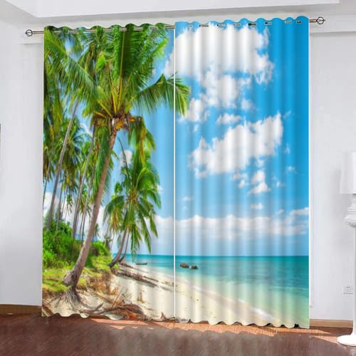 Blauer Himmel, weiße Wolken 2er-Set Verdunklungsgardine Blickdicht - Kokosnussbaum Blackout Abdunkelnde Vorhang mit Ösen für Hotels Wohnzimmer Schlafzimmer Kinderzimmer 245 x 132 cm von BOONGA