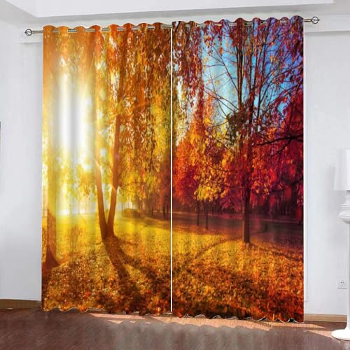 Sonnenscheinwald Blickdichte Vorhänge, Herbstlandschaft Thermovorhang Hitzeschutz mit Ösen Gardienen 2er-Set Lichtundurchlässige Vorhänge Schlafzimmer Blackout Curtains H 166 x B 75 cm von BOONGA