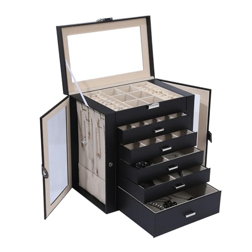 BOOVO Schmuckschatulle für Damen, 6-lagig, großer Schmuck-Organizer mit Spiegel, multifunktionale Aufbewahrungsbox mit Schloss, Zubehörhalter mit 5 Schubladen, für Ohrringe, Halsketten, Ringe, von BOOVO