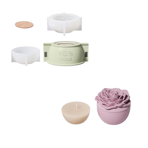 BOOWAN NICOLE Rose Blume Kerzengefäße mit Deckel Beton Silikonformen & 70ML Kerzen Nachfüll Silikonformen,Jesmonite Kerzenständer Gips Gießformen für Kerzenherstellung Handwerk (SH1074+LZ0698) von BOOWAN NICOLE