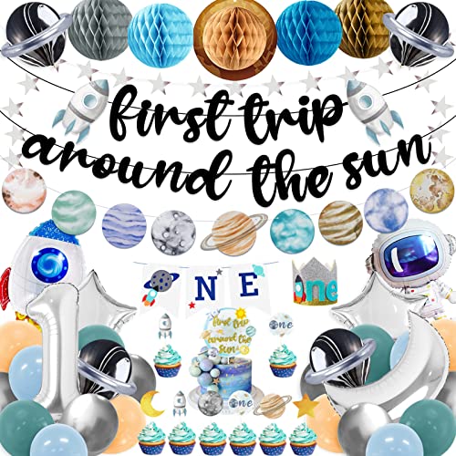 First Trip Around The Sun Birthday Party Decoration Pack, 1st Baby Shower Birthday Party Supplies (Including Banner, Star Garland, High Chair ONE Banner, Cake Toppers, Latex and Foil Balloons, Felt von BORAMDO