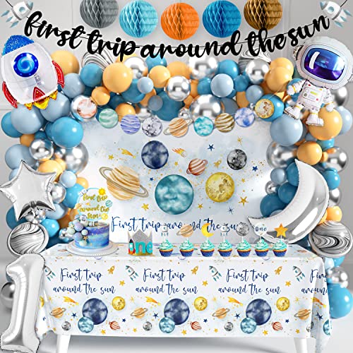 First Trip Around The Sun Birthday Party Decoration Pack, 1st Baby Shower Space Birthday Party Supplies Including Banner, Backdrop, Garland, Tablecloth, Felt Hat, Honeycomb, Cake Toppers, Latex and von BORAMDO