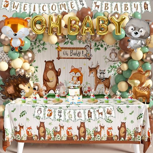 Waldtiere Babyparty Dekoration Pack Waldtier Neutral Geschlecht Offenbarung Party Supplies Woodland Thema Geburtstag Party Ideen Set 106 Stück Hintergrund, Tischdecke, Kuchendekoration, Luftballons (Woodland 106P) von BORAMDO