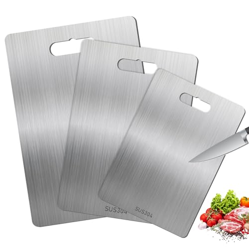 3 Stück Schneidebrett Aus Edelstahl, Titan-Schneidebrett, Dickes Metallschneidebrett Doppelseitiges Edelstahl Schneidebrett Cutting Board Set Für Fleisch, Gemüse, Für Küche, Kochen, Camping, Wandern von BORDEAG