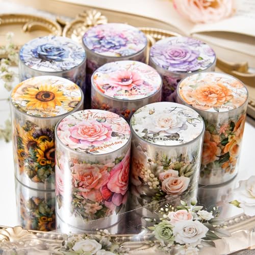 8 Rolls Washi Tape Set, Blumen PET Wide Washi Tapes, Aesthetic Washitape, 50 mm x 2 m Washi Tapes Transparent Sticker, Klebeband Dekoratives, Scrapbook Stickers für Journaling, Aufkleber Dekorative von BORDEAG