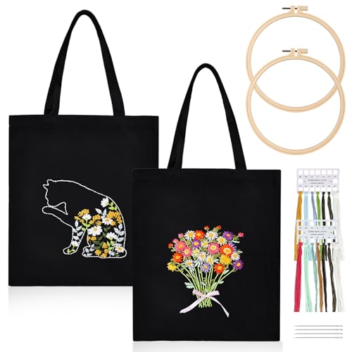 BORDEAG Canvas Tasche Stickerei Set, 2 Pcs Canvas Tote Bag Stickset Mit Muster Und Anleitung, Stickset Für Segeltuchtasche, Sticken Set Erwachsene, Anfänger Stickerei Set, Leinen-Tragetasche Schwarz von BORDEAG