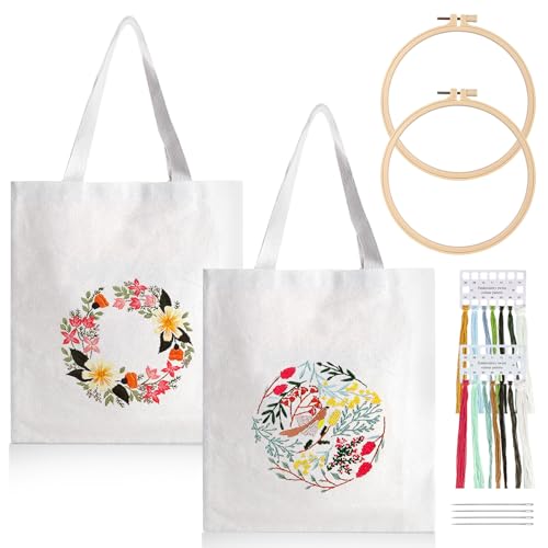 BORDEAG Canvas Tasche Stickerei Set, 2 Pcs Canvas Tote Bag Stickset Mit Muster Und Anleitung, Stickset Für Segeltuchtasche, Sticken Set Erwachsene, Anfänger Stickerei Set, Leinen-Tragetasche weiß von BORDEAG