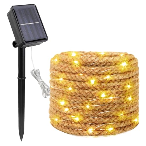 BORDEAG Solar Lichterkette Aussen mit Seil, 7M 100 LED Lichterkette Außen Solar, Sisalstern Solarlichterkette Außen Wetterfest mit 8 Blinkenden Modi für Outdoor Deko Garten Terrasse Balkon, Warmweiß von BORDEAG