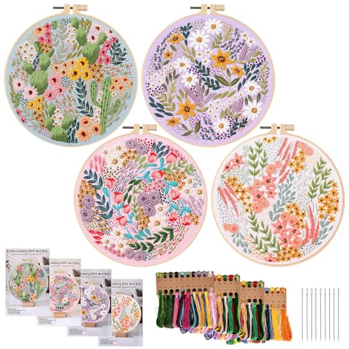 BORDEAG Stickset Embroidery Kit, 4 Stück Sticken Set Erwachsene, Blumen-Stickset für Anfänger, Blumenmuster Pflanzen Stickerei Set Anfänger, Kreuzstich Set mit Reifen für DIY Kunst, Handwerk von BORDEAG