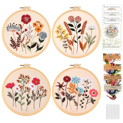 BORDEAG Stickset für Anfänger, 4 Stück Blumenmuster Pflanzen Sticken Set, Erwachsene Stickerei Set Anfänger, Kreuzstich Set, Kreuzstich-Kit, Handstickerei-Kits für DIY Kunst, Handwerk von BORDEAG