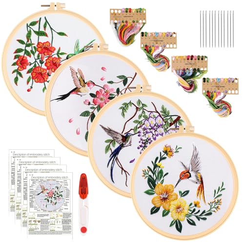 BORDEAG Stickset für Anfänger, 4 Stück Sticken Set Erwachsene, Stickerei Set Kolibri und Blume Sticken, Embroidery Kit mit Muster, Bambus-Reifen, Sticktuch, Nadeln, Farbfäden, Anleitung und Werkzeuge von BORDEAG