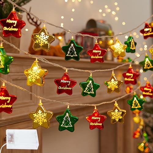 BORDEAG Weihnachtsdeko Lichterkette, 300cm LED Sterne Lichterkette Weihnachten, Wasserdicht Weihnachten Lichterketten Batterie, Stern Lichterkette für Weihnachtsdeko, Weihnachtsbeleuchtung (Sterne) von BORDEAG