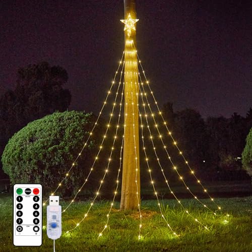 Christbaumbeleuchtung mit Sterne, 3 m Weihnachtsbaum Lichterkette, 36 × 9 LED 8 Modi Lichterkette Weihnachtsbaum mit Ring mit Fernbedienung, Wasserdichte USB Lichterkette Weihnachtsbaum für Party von BORDEAG