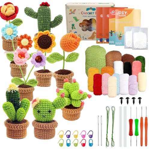 Häkelset für Anfänger, 9 Teiliges Häkeln für Anfänger, Häckel Box Anfänger Häkeln Starter Set Pflanzen Komplett Häkelset mit Häkelnadeln Garn Anleitung und Video-Tutorials für Anfänger Geschenk von BORDEAG