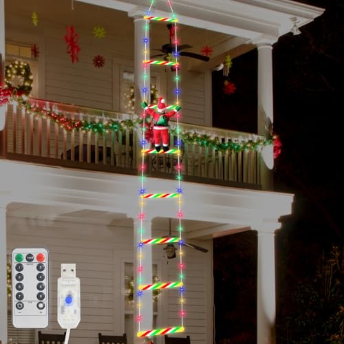 LED Weihnachtsmann Leiter Lichterkette, Hängender Weihnachtsmann Auf Leiter, 300 cm LED Weihnachtsbeleuchtung, Der Weihnachtsmann Klettert mit Fernbedienung, 8 Modi Weihnachtsdeko-Lichter, USB von BORDEAG