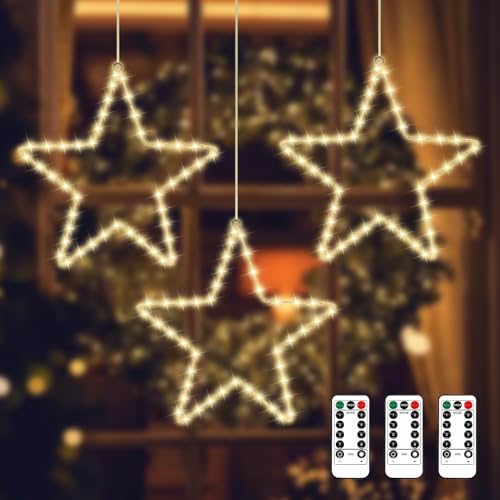 Led Sterne Weihnachtsbeleuchtung, 3 Stück Led Saugnapf Weihnachten Lichter mit Fernbedienung, 8 Modi Hängend Fensterlicht mit Saugnäpfe, Led Stern Fenster für Fenster, Balkon, Party (Warmweiß) von BORDEAG