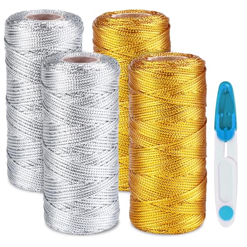 Metallic Kordel, 4 Rolle 100mx1.5mm Metallic Schnur Goldfaden Zum Basteln, Nicht Elastisch Kordelband Schnur, Goldfaden DIY Bastelschnur Für Kunsthandwerk Geschenkverpackung (Gold + Silber) von BORDEAG