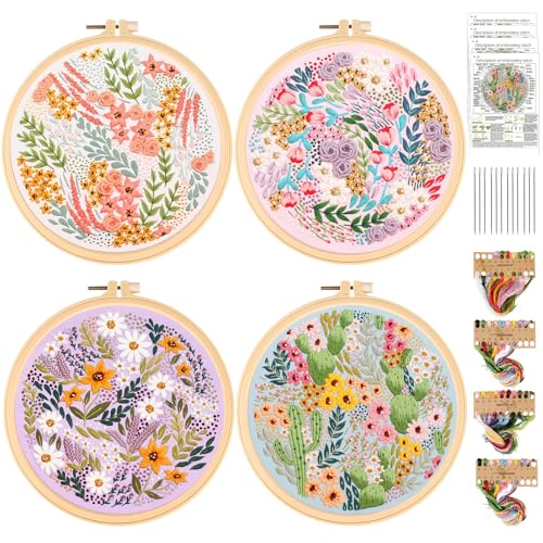 BORDEAG Stickset Für Anfänger, 4 Stück Set Erwachsene, Blumenmuster Pflanzen Sticken Set, Embroidery Kit Mit 1 Stickrahmen, Stickgarn, 4 Vorlage, 8 Nadel, Anfänger Stickerei Set Für DIY Handwerk von BORDEAG