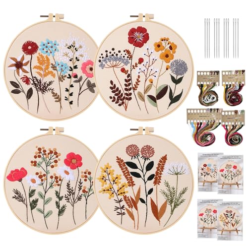 Stickset für Anfänger, 4 Sticken Set Erwachsene, Embroidery Kit mit Stickrahmen Farbfäden Werkzeuge, Blumenmuster Pflanzen Stickerei Set, Sticken für Anfänger, Kreuzstich Set für DIY Handwerk, Kunst von BORDEAG