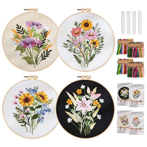 Stickset für Anfänger, 4 Sticken Set Erwachsene, Embroidery Kit mit Stickrahmen Farbfäden Werkzeuge, Blumenmuster Pflanzen Stickerei Set, Sticken für Anfänger, Kreuzstich Set für DIY Kunst, Handwerk von BORDEAG