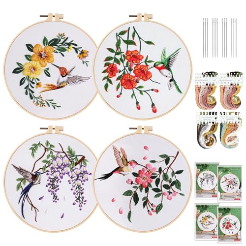 Stickset für Anfänger, 4 Sticken Set Erwachsene, Embroidery Kit mit Stickrahmen Farbfäden Werkzeuge, Blumenmuster Pflanzen Stickerei Set, Sticken für Anfänger, Kreuzstich Set für DIY Kunst, Handwerk von BORDEAG