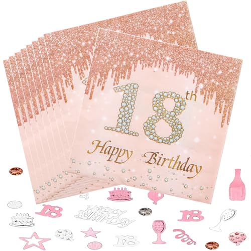 BORISCA 60 Stück Servietten 18 Geburtstag, Servietten Rosegold 33×33cm Happy Birthday Servietten Frau Papierservietten Geburtstag mit 1 Packung Konfetti für Party Deko 18 Geburtstag Mädchen von BORISCA