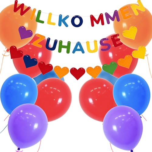 BORISCA Willkommen Zuhause Deko, Herzlich Willkommen Girlande+Liebedekoration + 20 Willkommen Zurück Luftballon, Bunt Willkommen Zurück Banner für Familientreffen, Familienfeiern, Einweihungspartys von BORISCA