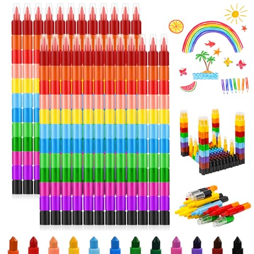 BOSCOW 24 Stapelbare Buntstifte Kinder, 12 Farben, Sichere & Ungiftige Materialien, Stapelbare Wachsmalstifte Set ideal als mitgebsel kindergeburtstag von BOSCOW