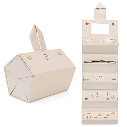 BOSHKU Reise-Schmuck-Organizer, Schmuckschatulle, luxuriös, kompakt, Schmuck-Reise-Organizer mit Halskettenhalter, Ohrring-Organizer, versteckte Fächer, Schmuckrollenetui mit 5xKapazität. (beige) von BOSHKU