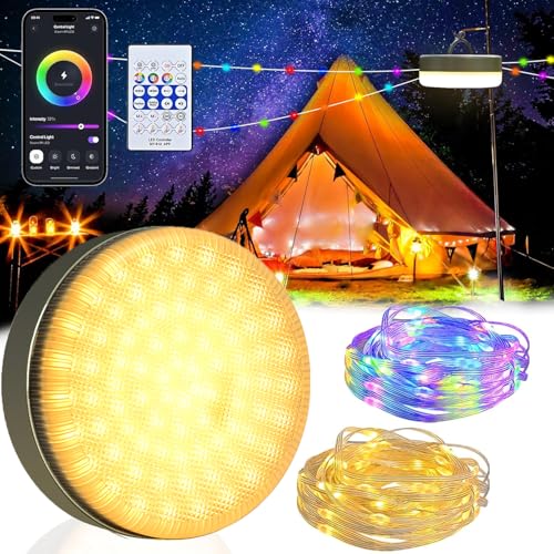 BOSITE Camping Lichterkette Aufrollbar, 4500mAh Tragbare Campinglampe, Campinglampe Außen mit 8m RGB led lichterkette, Wasserdicht, USB-Ladung, mit App Fernsteuerung von BOSITE