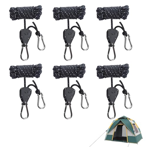 BOSYTRO 6 Stück 4mm Reflektierend Abspannseile Seil, 4M Leichte Abspannleine Zeltschnur mit Spanner Einsteller, Einstellbare Seil Ratsche Rope für im Freien Zelt Zeltplane Camping (Schwarz) von BOSYTRO