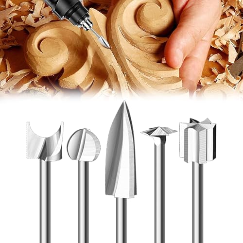 Holz Fräser Set: Schnitzfräser mit 1/8"(3 mm) Schaft für Rotationswerkzeug Zubehör, 5PCS Verschiedene Schnitzbits für DIY-Schnitzerei, Bohren, Holzarbeiten von BOTEWO