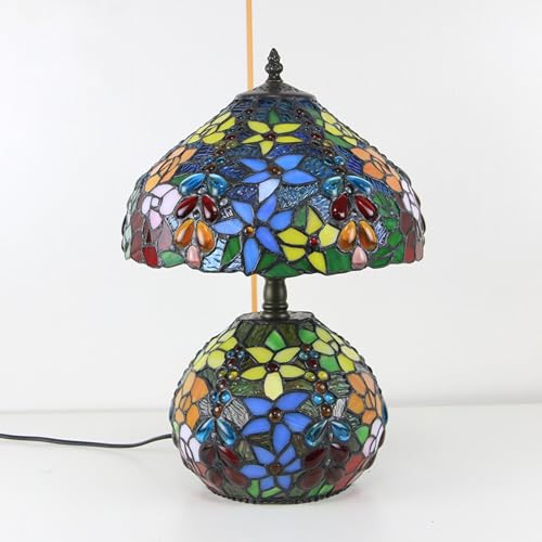 BOTOWI Tiffany Lampe Blume Glasperlen Tischlampe, Buntglas Lampenschirm mit Nachtlicht, Schlafzimmer Nachttisch Lesepult Licht für Wohnbüro Retro Akzent Dekor 12 Zoll Nachttisch Lampen von BOTOWI