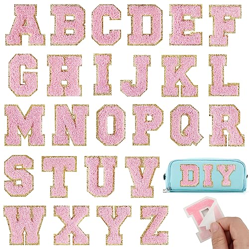 BOUBONI 26 Stück hellrosa Buchstaben zum Aufbügeln von A bis Z, selbstklebende Chenille-Buchstabenflicken für Stoffkleidung von BOUBONI