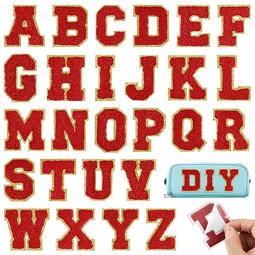 BOUBONI 26 Stück rote Buchstaben zum Aufbügeln von A bis Z, selbstklebende Chenille-Buchstabenflicken für Stoffkleidung von BOUBONI