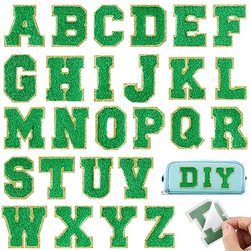 BOUBONI 26 Stück tiefgrüne Buchstaben zum Aufbügeln von A bis Z, selbstklebende Chenille-Buchstabenflicken für Stoffkleidung von BOUBONI
