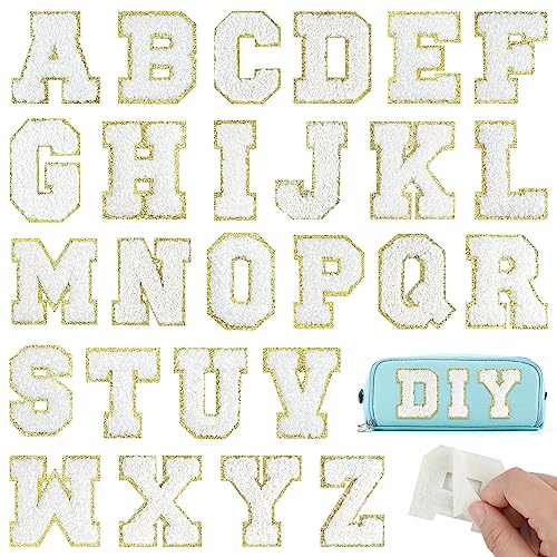 BOUBONI 26 Stück weiße Buchstaben zum Aufbügeln von A bis Z, selbstklebende Chenille-Buchstabenflicken für Stoffkleidung von BOUBONI