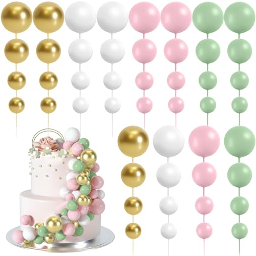 BOUBONI 48 Stück Tortendeko Kugeln Cake Topper Kuchen Kugeln Dekorationen Ballon Cupcake Tortenaufleger für Geburtstag Party Hochzeit Babyparty Kuchendekoration (Grün, Rosa, Weiß, Gold) von BOUBONI