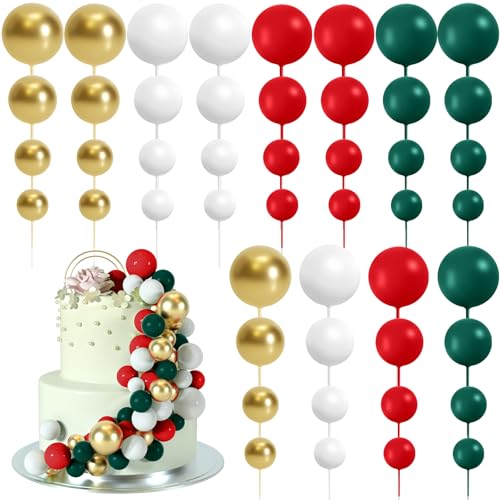 BOUBONI 48 Stück Tortendeko Kugeln Cake Topper Kuchen Kugeln Dekorationen Ballon Cupcake Tortenaufleger für Geburtstag Party Hochzeit Babyparty Kuchendekoration (Grün, Rot, Weiß, Gold) von BOUBONI