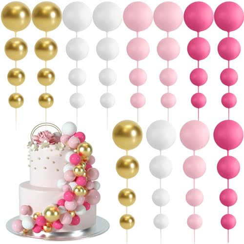 BOUBONI 48 Stück Tortendeko Kugeln Cake Topper Kuchen Kugeln Dekorationen Ballon Cupcake Tortenaufleger für Geburtstag Party Hochzeit Babyparty Kuchendekoration (Rosenrot, Rosa, Weiß, Gold) von BOUBONI