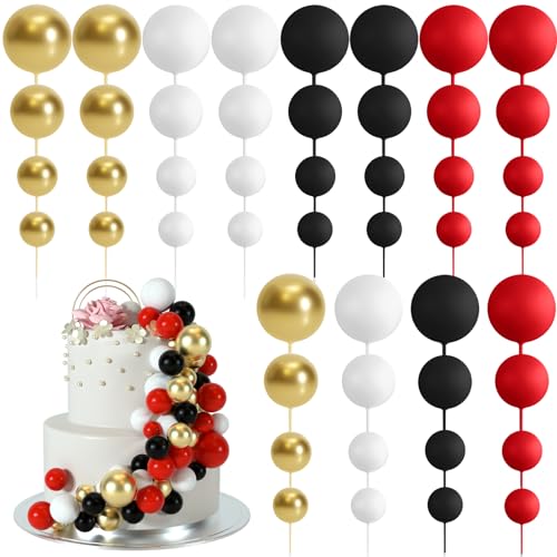 BOUBONI 48 Stück Tortendeko Kugeln Cake Topper Kuchen Kugeln Dekorationen Ballon Cupcake Tortenaufleger für Geburtstag Party Hochzeit Babyparty Kuchendekoration (Schwarz, Rot, Weiß, Gold) von BOUBONI