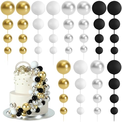 BOUBONI 48 Stück Tortendeko Kugeln Cake Topper Kuchen Kugeln Dekorationen Ballon Cupcake Tortenaufleger für Geburtstag Party Hochzeit Babyparty Kuchendekoration (Schwarz, Silber, Weiß, Gold) von BOUBONI