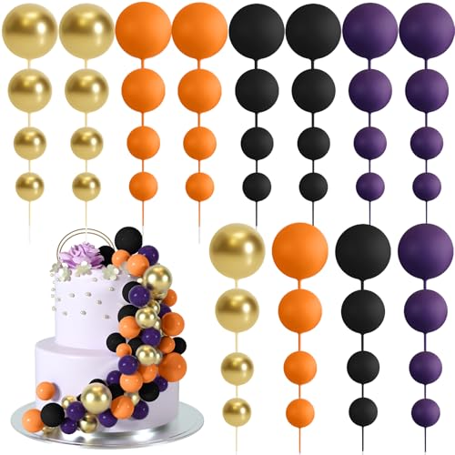 BOUBONI 48 Stück Tortendeko Kugeln Cake Topper Kuchen Kugeln Dekorationen Ballon Cupcake Tortenaufleger für Geburtstag Party Hochzeit Babyparty Kuchendekoration (Violett, Schwarz, Orange, Gold) von BOUBONI