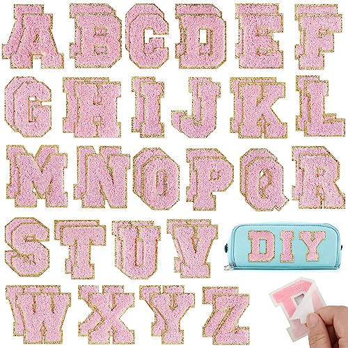 BOUBONI 52 Stück hellrosa Buchstaben zum Aufbügeln von A bis Z, selbstklebende Chenille-Buchstabenflicken für Stoffkleidung von BOUBONI