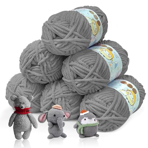 BOUFEIDA Chenille Chunky Wolle zum Häkeln Dickes Garn, 6 Rolle 50g Dicke Wolle zum Stricken, Velvety Baby Wool, Chenille Garn für Hüte, Schals, Socken, Tasche (Dunkelgrau) von BOUFEIDA