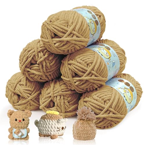 BOUFEIDA Chenille Chunky Wolle zum Häkeln Dickes Garn, 6 Rolle 50g Dicke Wolle zum Stricken, Velvety Baby Wool, Chenille Garn für Hüte, Schals, Socken, Tasche (Leichter Kaffee) von BOUFEIDA