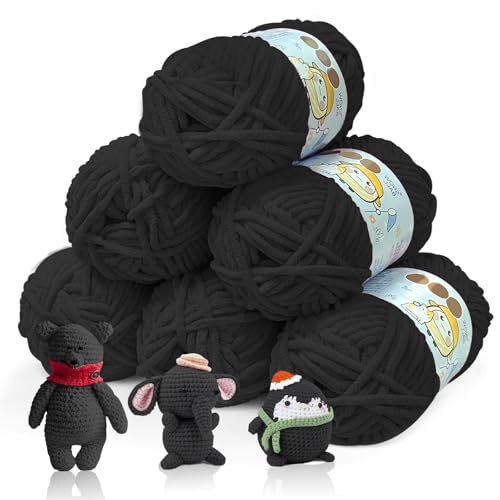 BOUFEIDA Chenille Chunky Wolle zum Häkeln Dickes Garn, 6 Rolle 50g Dicke Wolle zum Stricken, Velvety Baby Wool, Chenille Garn für Hüte, Schals, Socken, Tasche (Schwarz) von BOUFEIDA