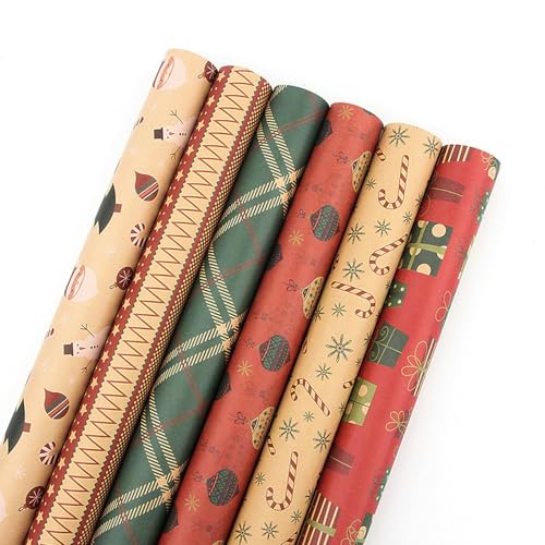 BOVROTIN Retro-Weihnachts-Kraftpapier-Geschenkpapier, Geschenkpapier, DIY-Set, 6 Bögen, 50 x 70 cm von BOVROTIN