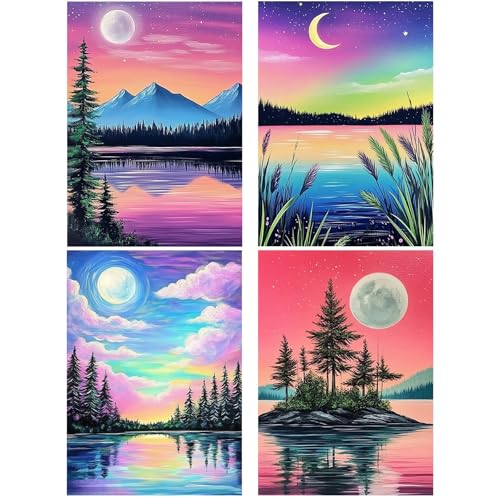 Bowetile 4er-Pack 5D Diamond Painting Bilder, Diamant Painting Landschaft, Mond Berg Seen Diamond Painting Set für Erwachsene Kinder, DIY Diamond Art Kreuzstichbilder für Wohnkultur 30x40 cm von Bowetile