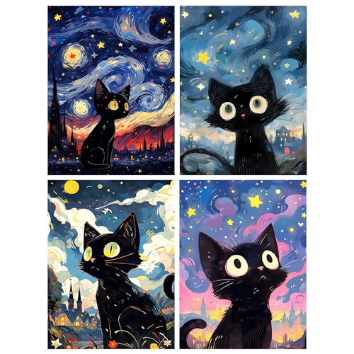 BOWETILE 4er-Pack 5D Diamond Painting Bilder, Diamant Painting Sternennachtskatze, Süße Katze Diamond Painting Set für Erwachsene Kinder, DIY Diamond Art Kreuzstichbilder für Wohnkultur 30x40 cm von BOWETILE